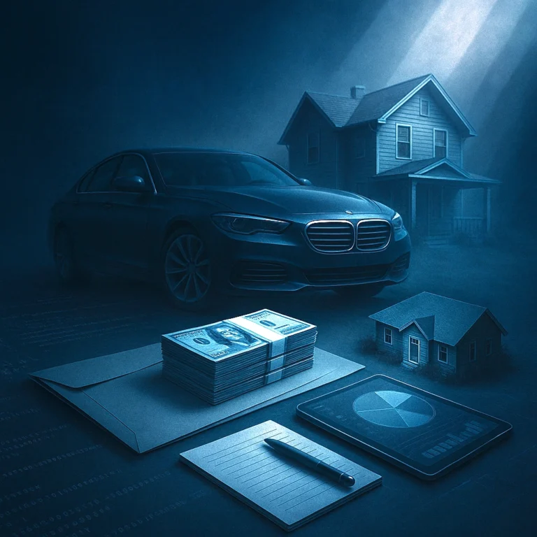 Car, house, and financial assets under investigation representing asset search and verification services.