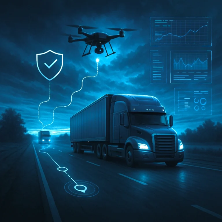 Drone monitoring cargo trucks on highway with real-time data and route analytics dashboard.