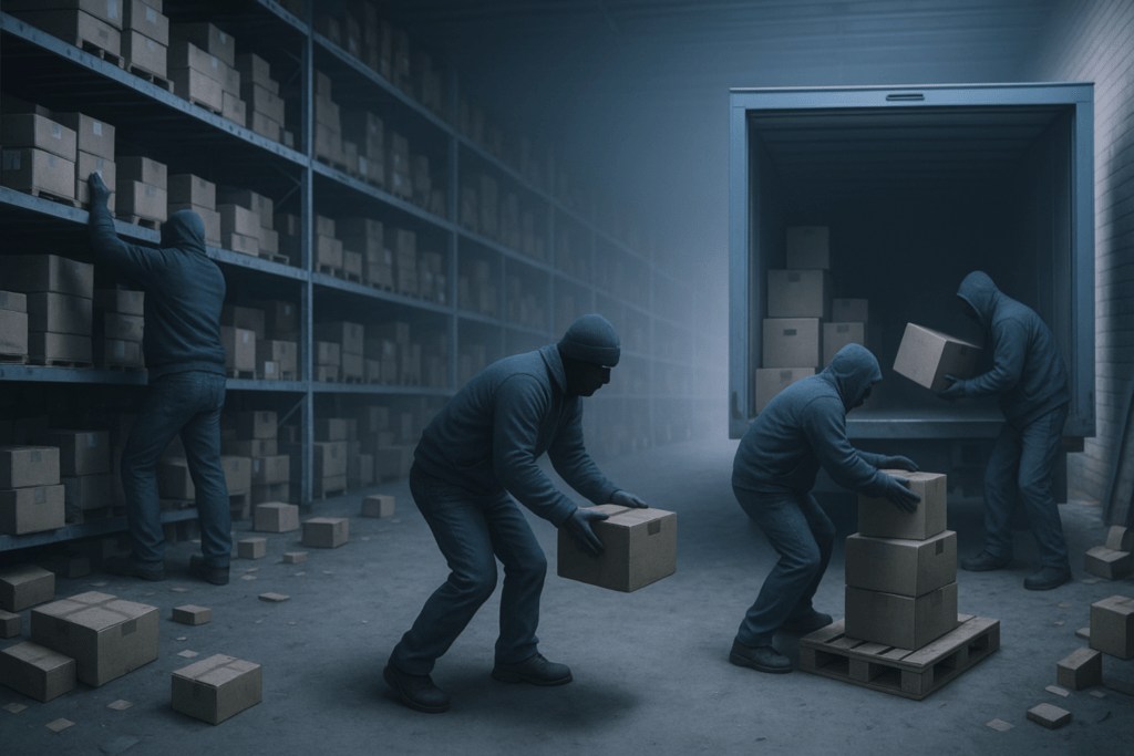 A dimly lit warehouse shows a theft in progress by masked men loading a truck.