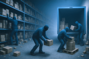 A dimly lit warehouse shows a theft in progress by masked men loading a truck.