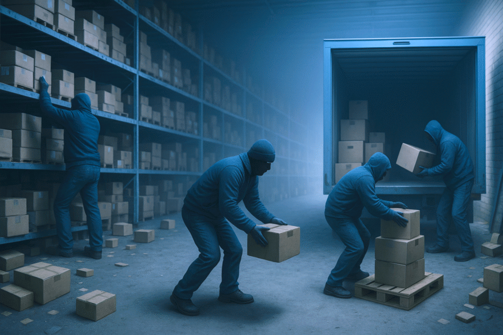 A dimly lit warehouse shows a theft in progress by masked men loading a truck.