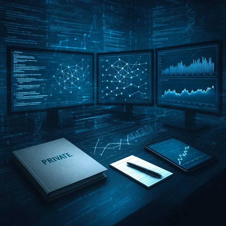 Modern data analytics workstation with multiple monitors displaying network graphs and charts, surrounded by a folder labeled ‘Private,’ a notepad, and a tablet — symbolizing digital investigation, data security, and analytical intelligence.