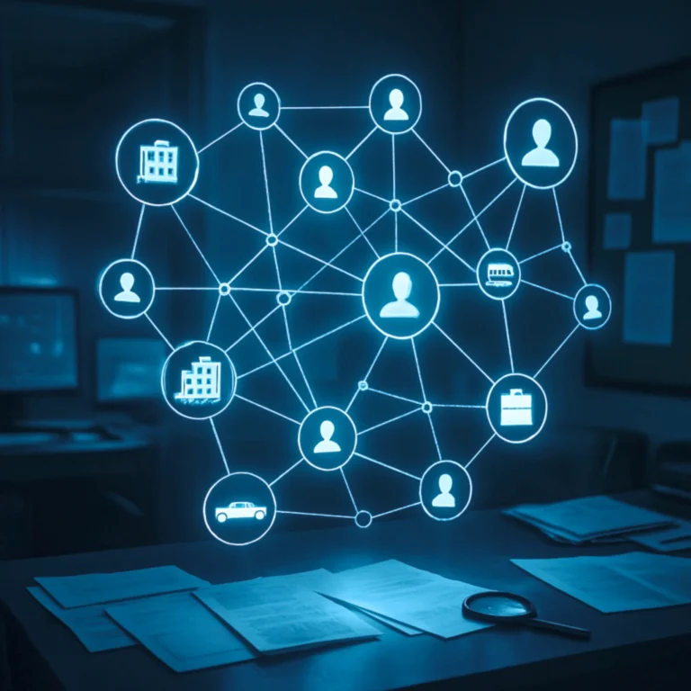 Network diagram connecting people, businesses, and assets representing due diligence investigation services.