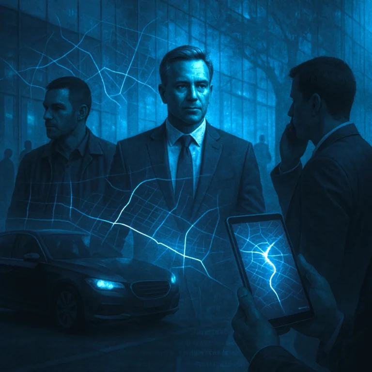 Security team monitoring executive movements with digital maps and surveillance data for risk mitigation.