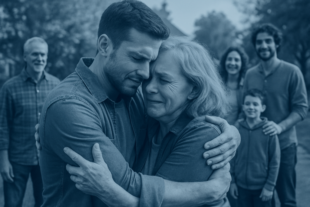Photo of a mother and son embracing emotionally as family members look on