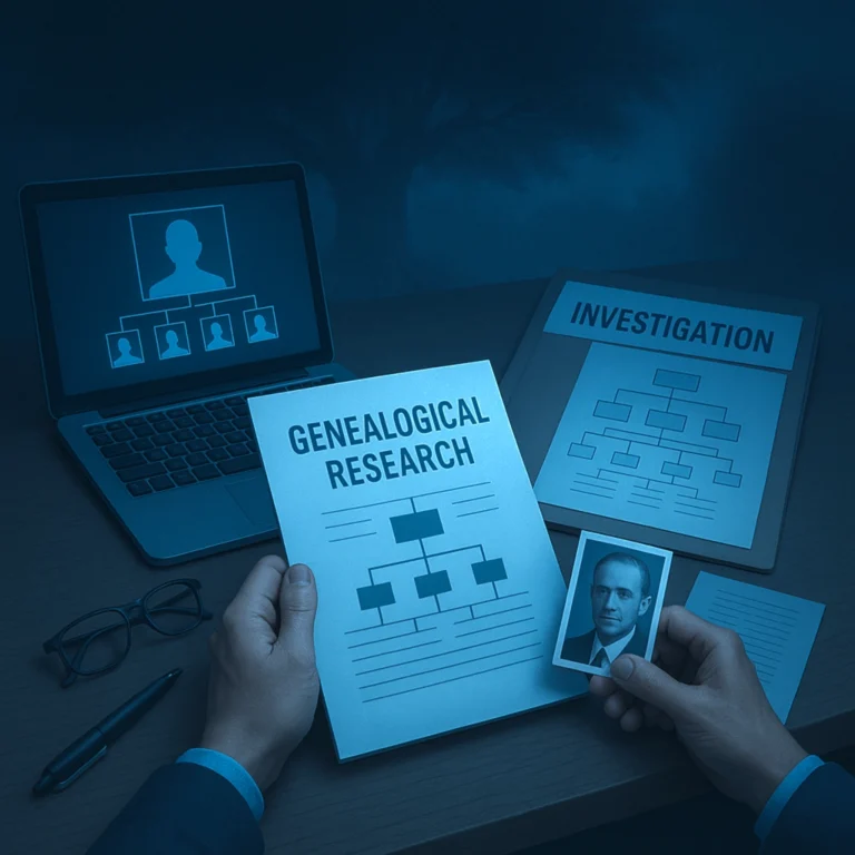 Investigator reviewing genealogical research documents and family tree charts for heir location services.