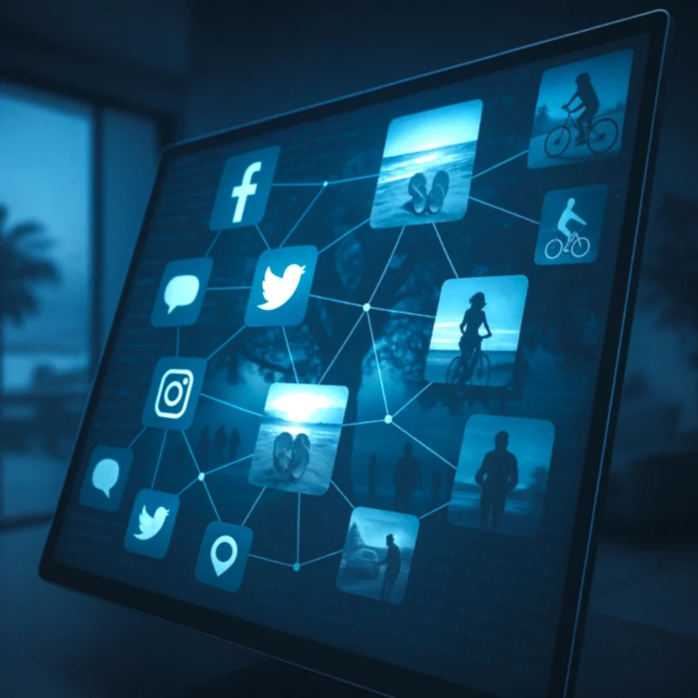 Computer screen showing connected social media profiles and images representing OSINT and lifestyle analysis.