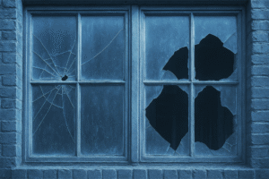 A warehouse with broken windows