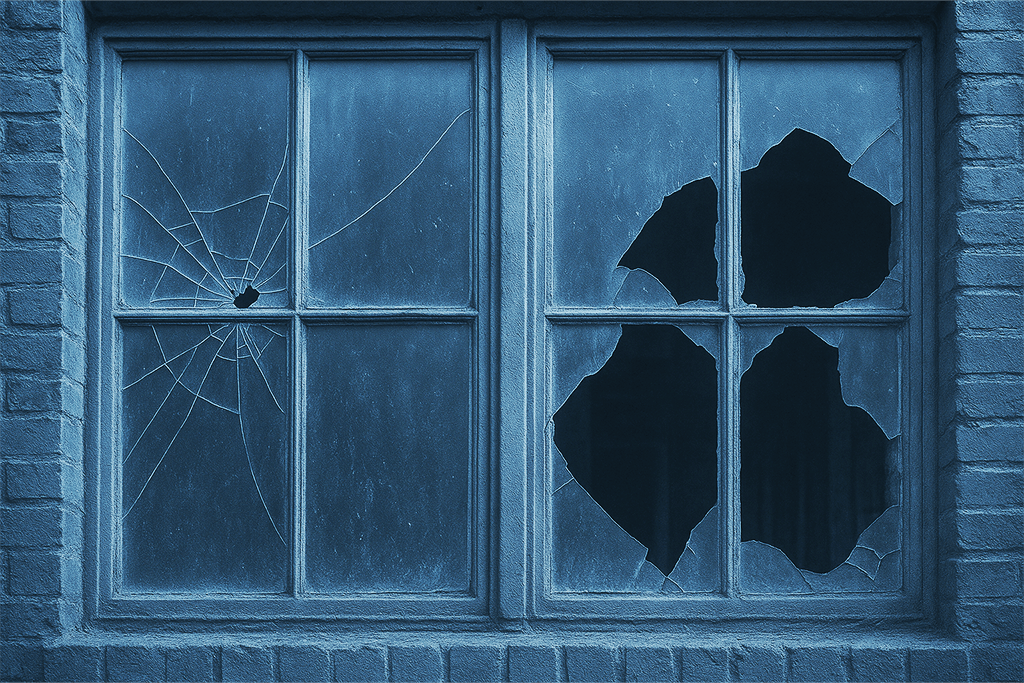 A warehouse with broken windows
