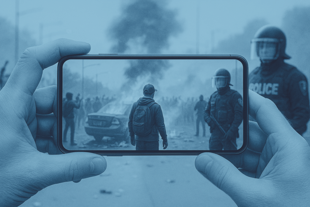 A smartphone screen showing the recording of a riot in progress