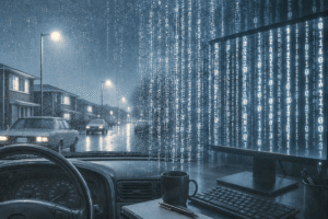 Surveillance vehicle in the rain transitioning into a modern digital investigation workspace with computer screens and data.